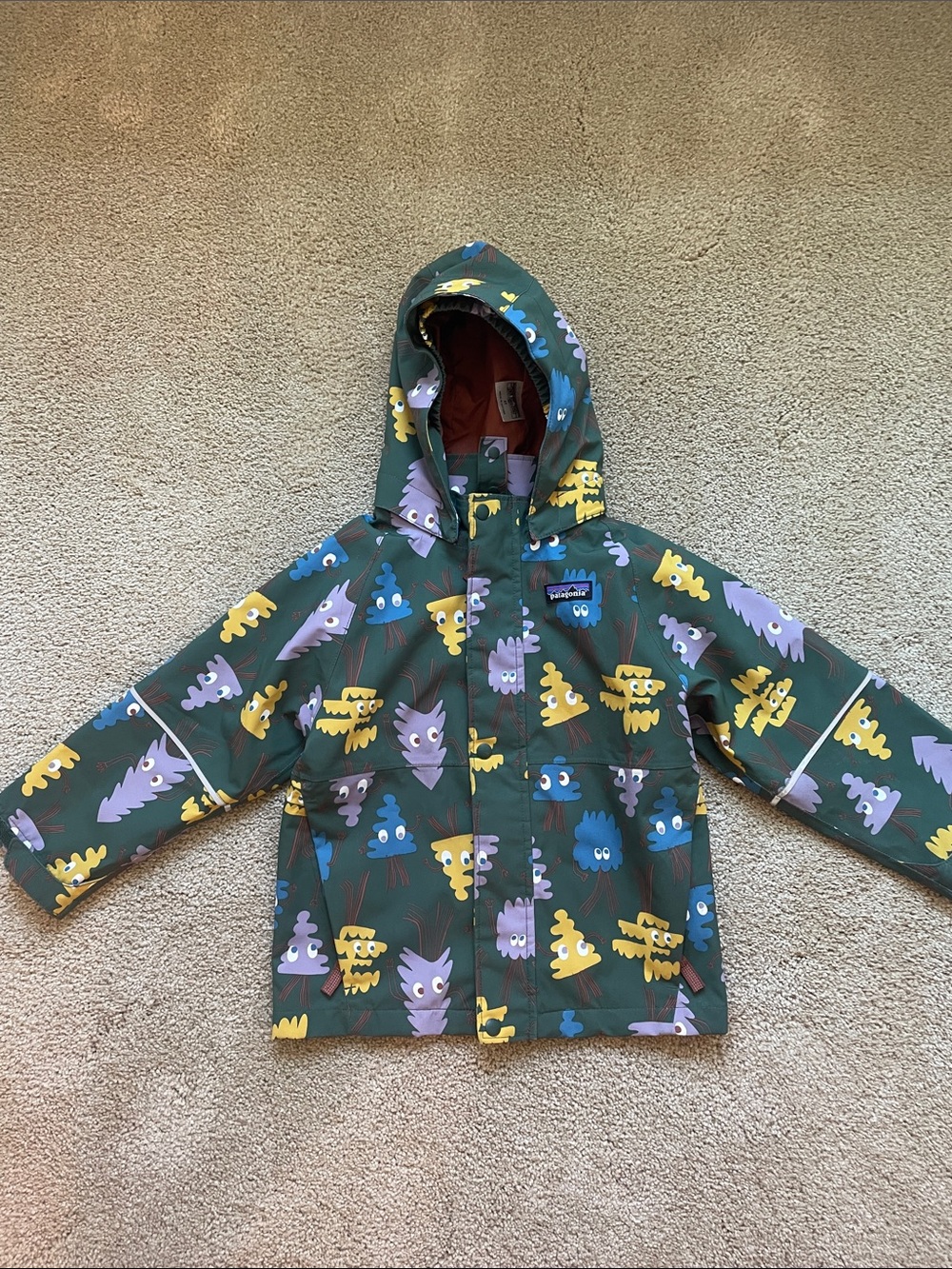 Patagonia Kids Green Hooded Rain Jacket with Colorful Tree Print